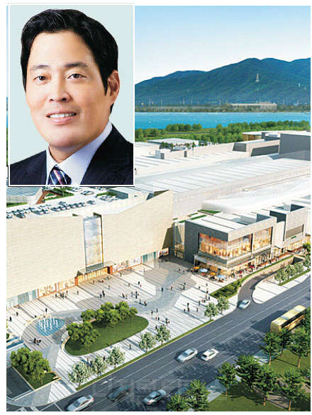 신세계 테마쇼핑몰 1호점 '스타필드 퍼스트 하남'의 조감도. 작은 사진은 정용진 부회장.
